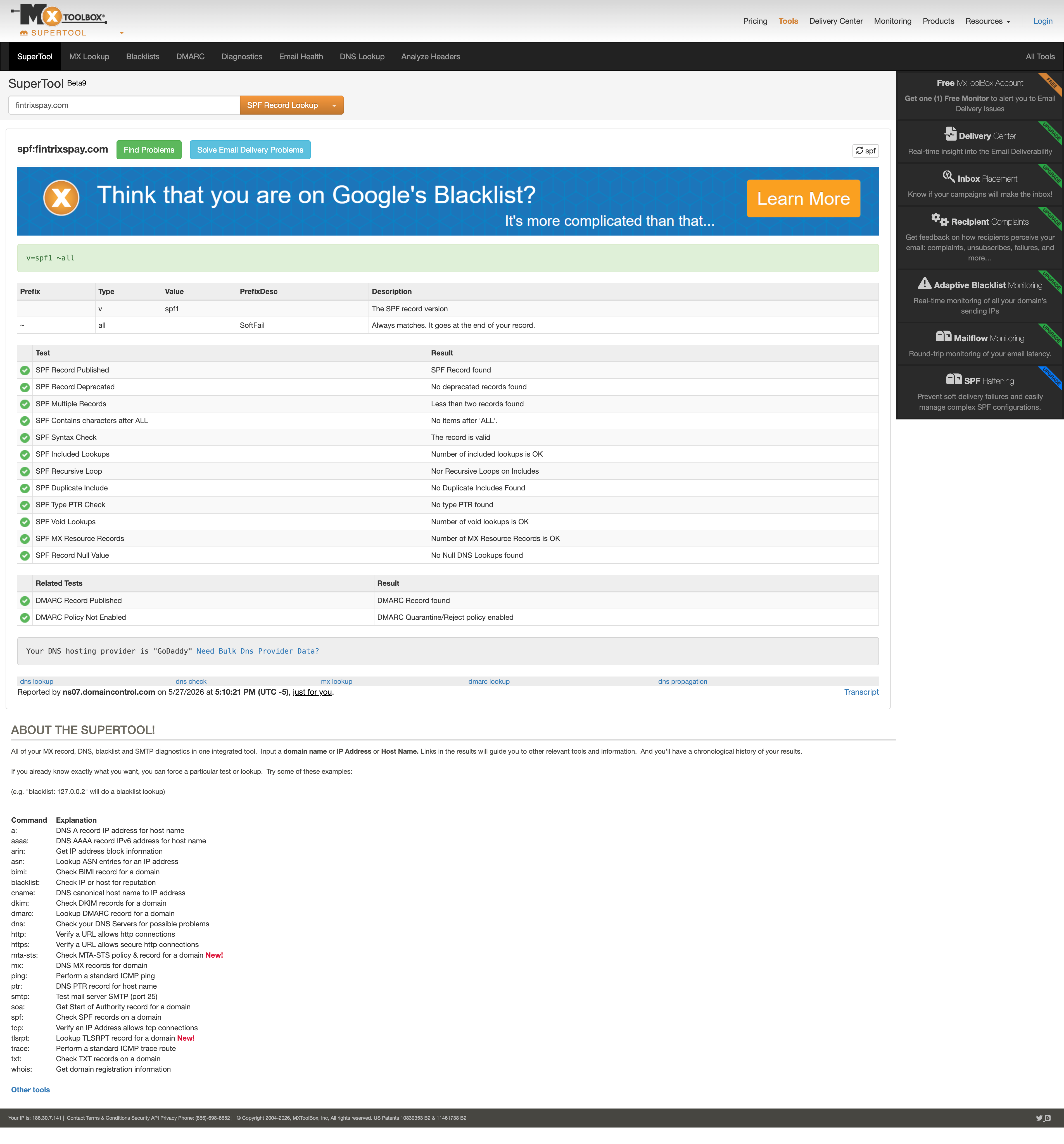MXToolbox confirmando SPF Record Published