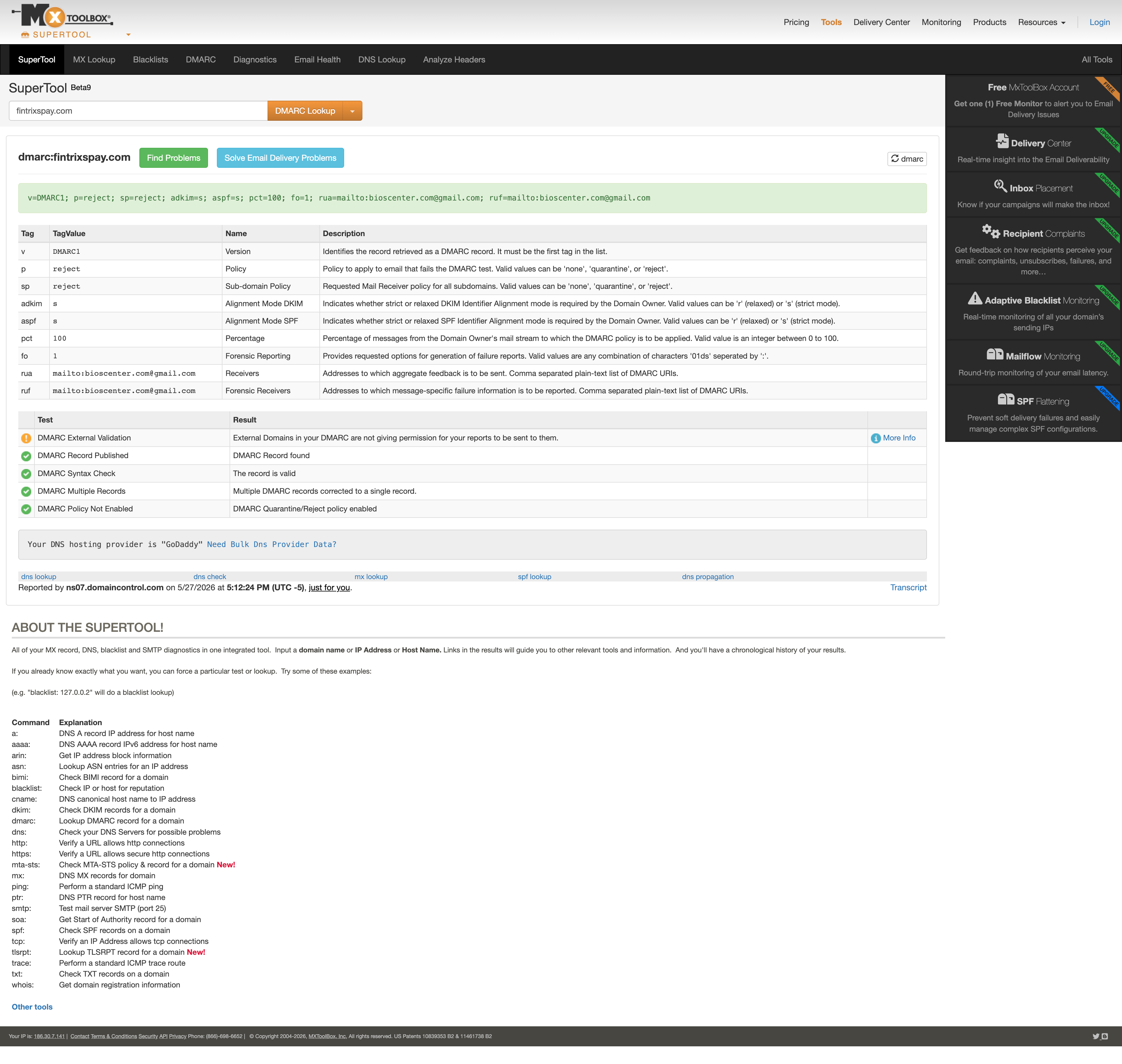 MXToolbox confirmando DMARC strict reject