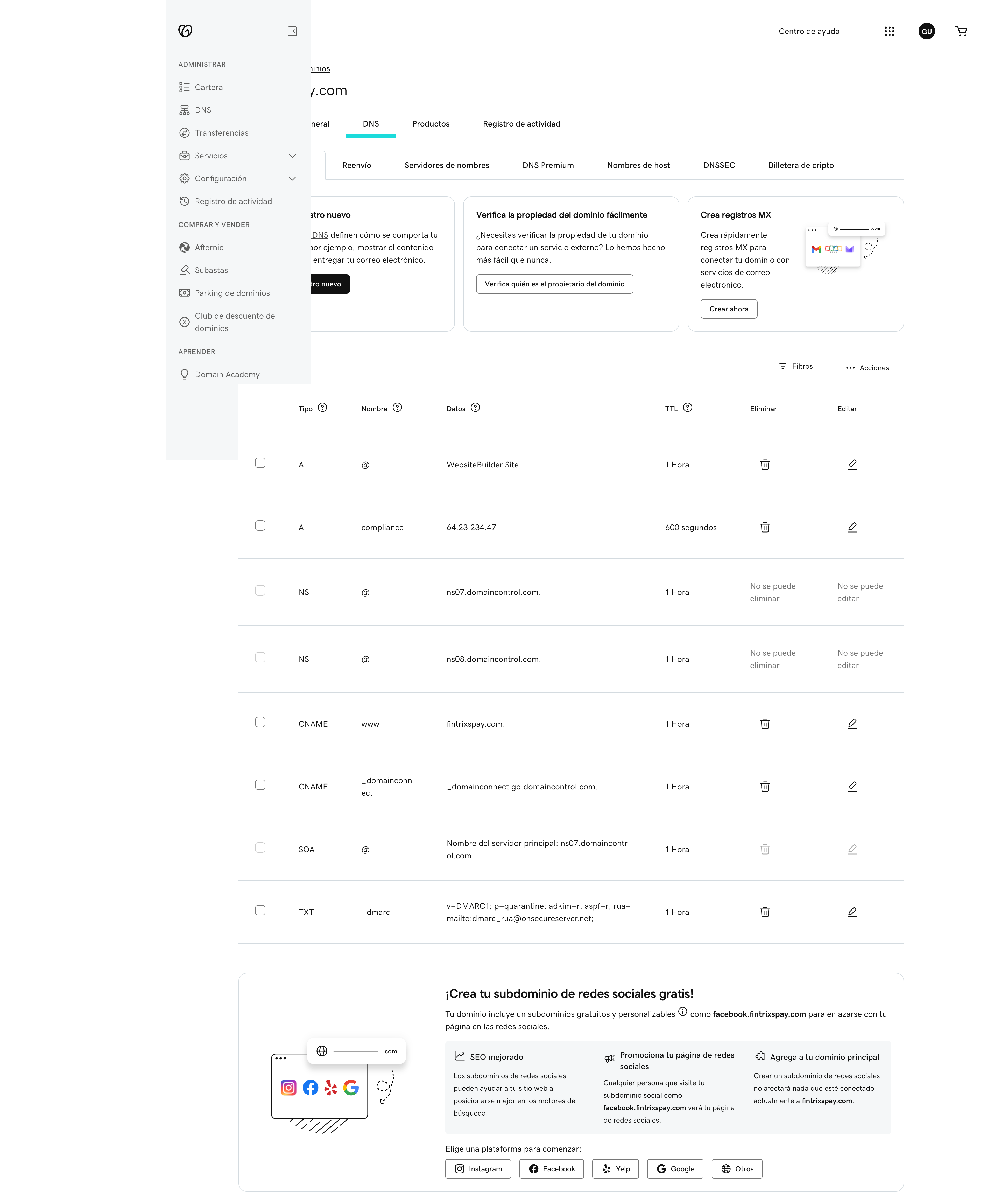 GoDaddy DNS panel mostrando records configurados