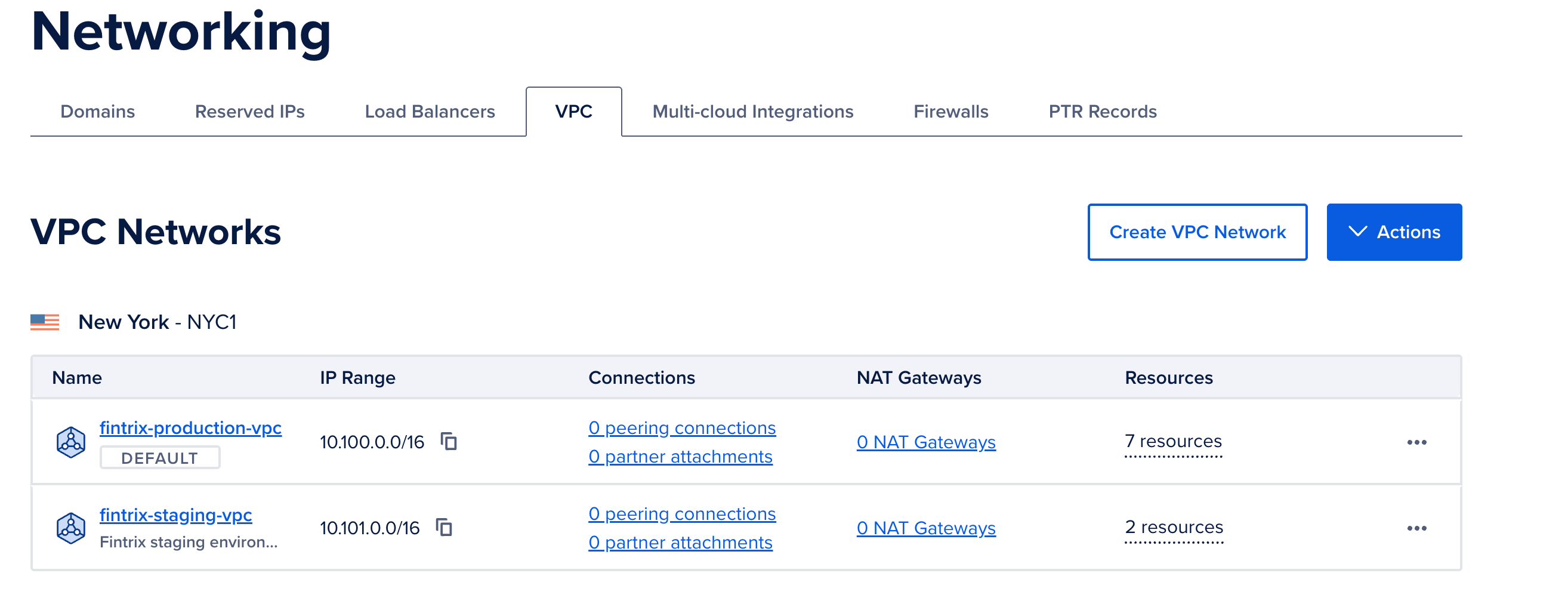 DO VPCs list — prod y staging visibles