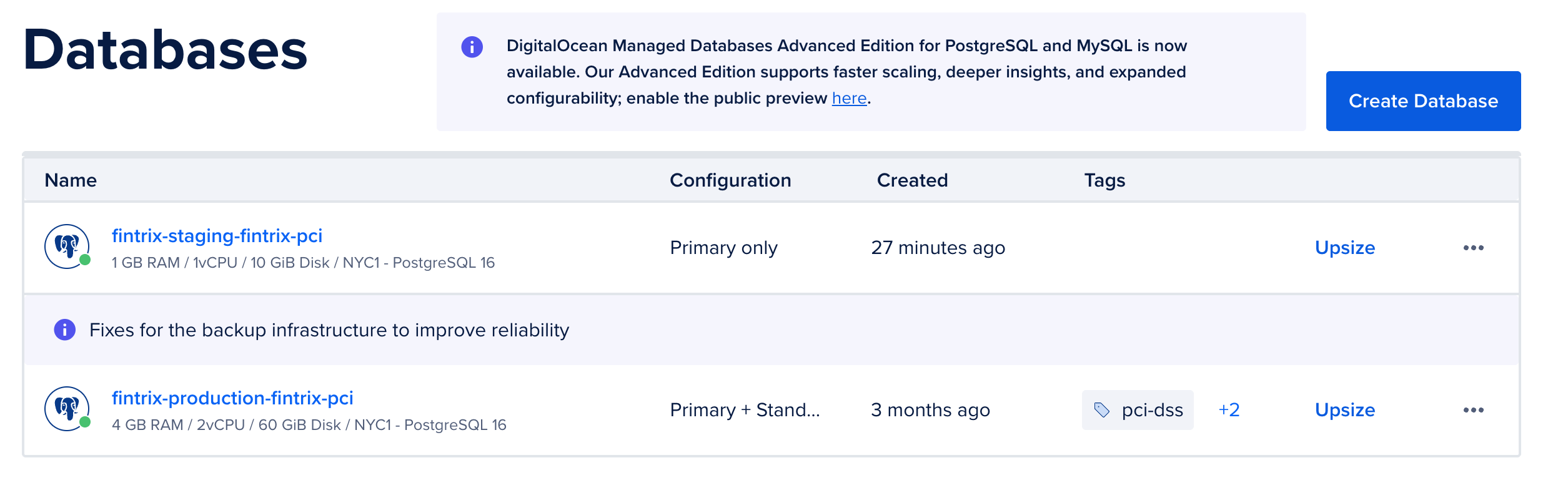 DO Databases list — prod y staging