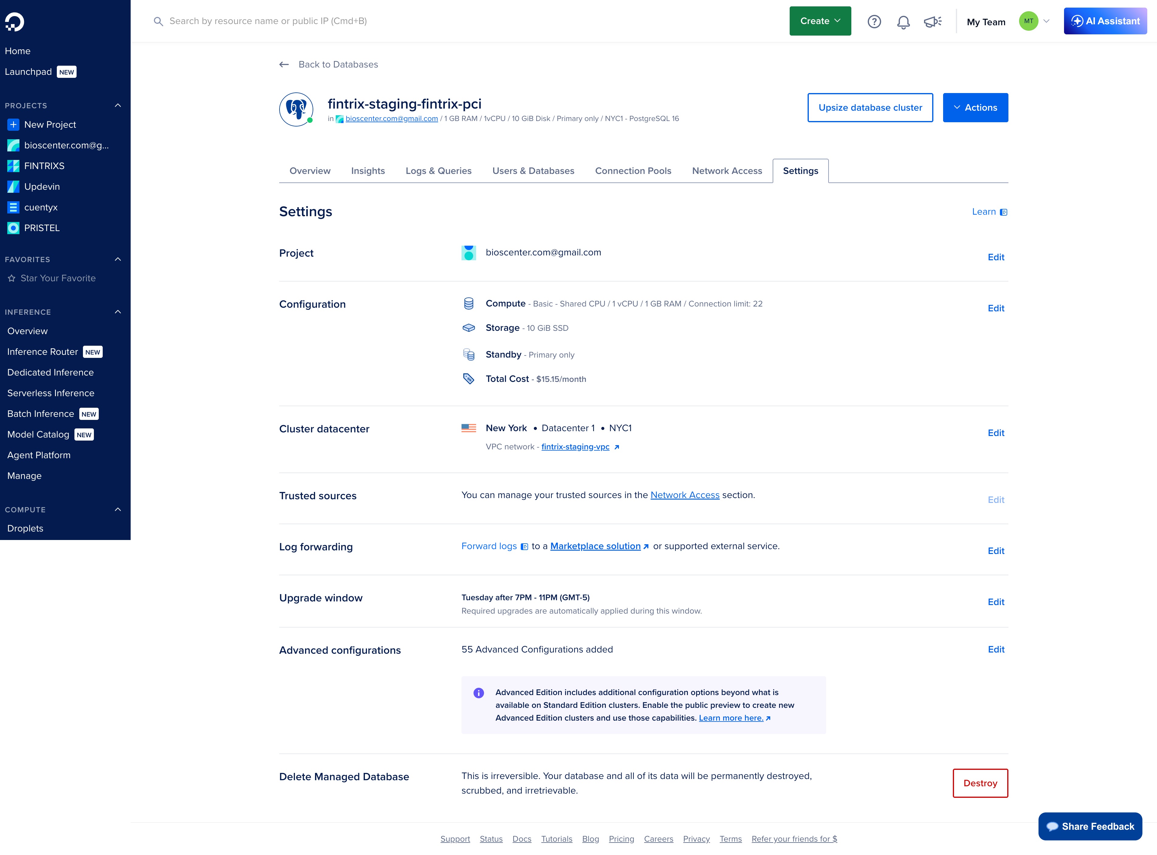 DO Staging DB trusted sources — solo cluster staging