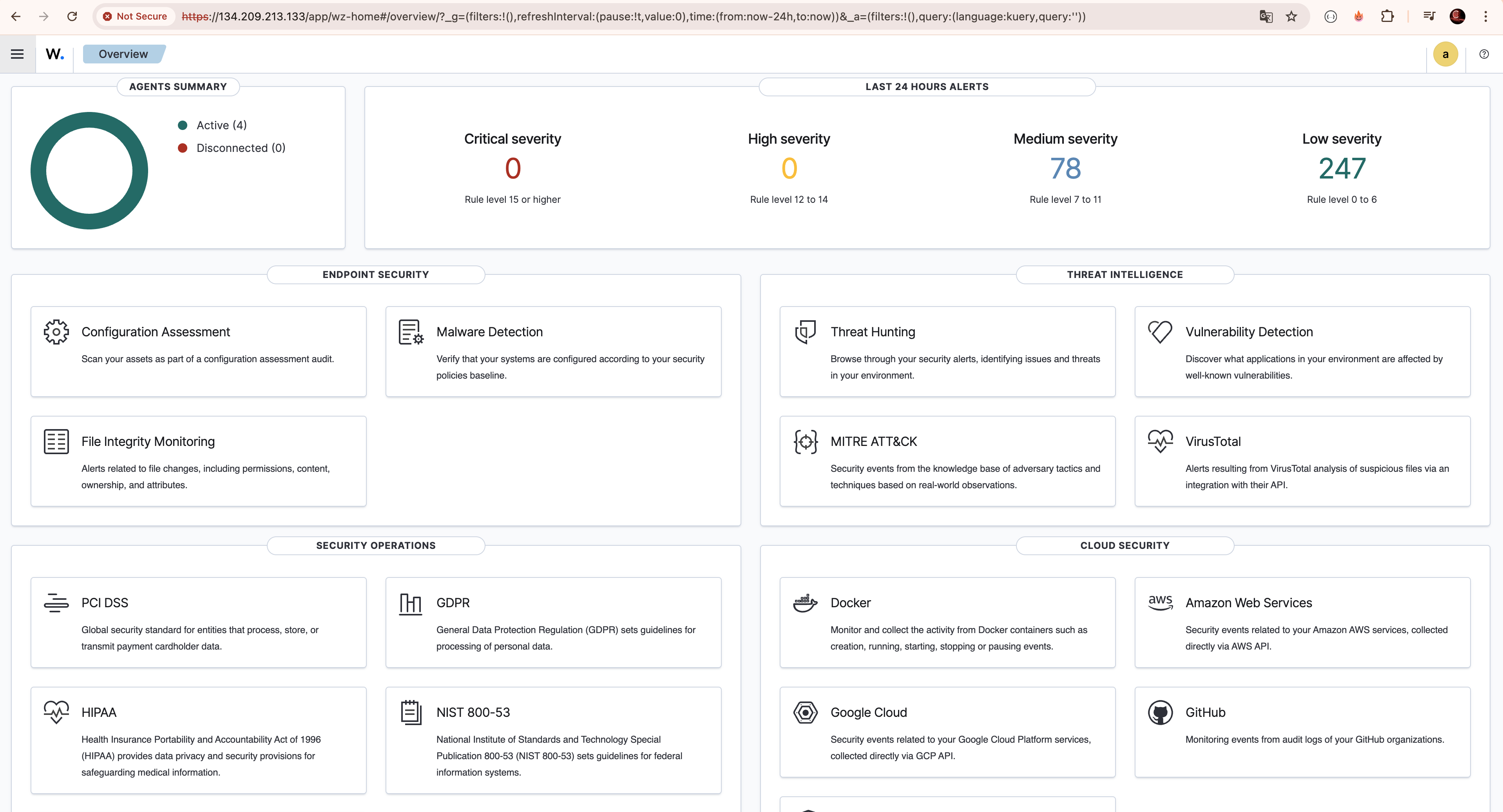 Wazuh Dashboard Overview — 4 agents active, alertas de seguridad en tiempo real